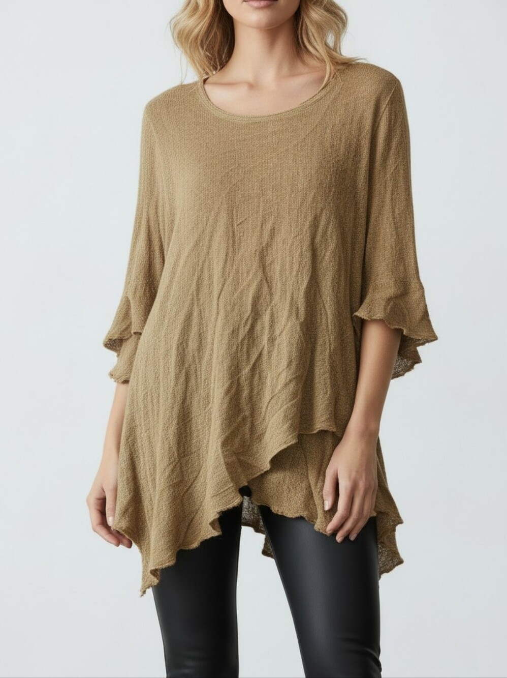 The Black Market Boutique Asymmetrical Textured Ruffle Sleeve Tunic Top, Taupe